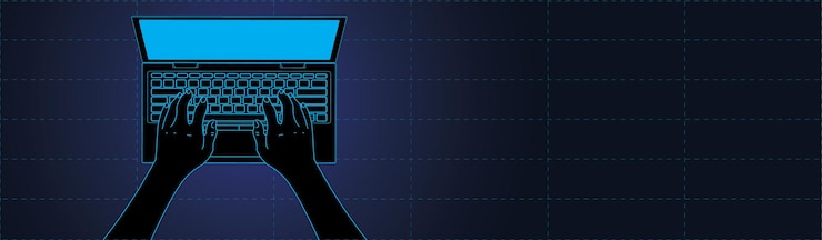 Vector manos en un portátil ciberpunk pancarta con copia de espacio vector hacker