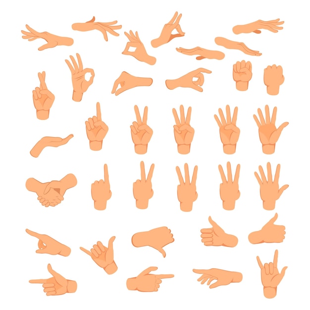 Las manos posan las manos sosteniendo y señalando gestos dedos cruzados puño paz y pulgar hacia arriba conjunto vectorial de palmas y muñecas humanas de dibujos animados Comunicación o hablar con emoji para mensajeros