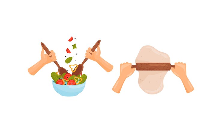 Vector manos preparando la comida rodando la masa y aderezando la ensalada conjunto vectorial