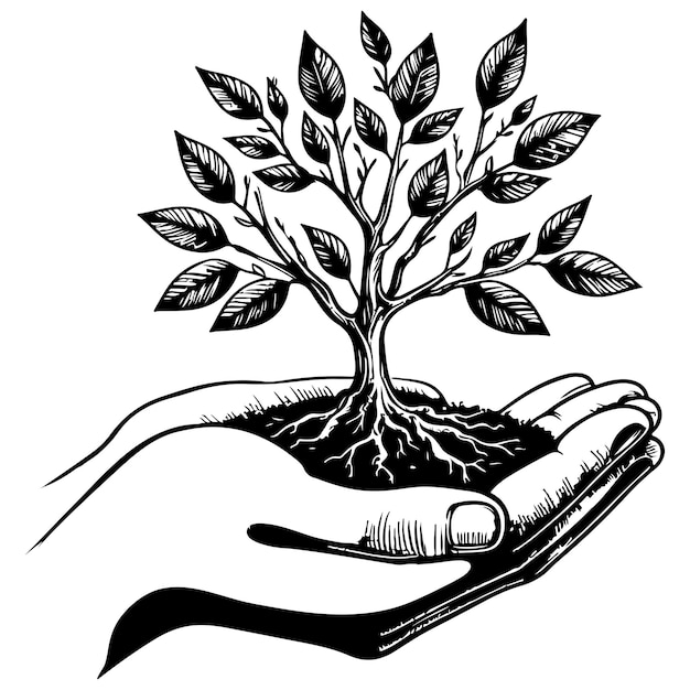 Manos de primer plano sosteniendo el brote de un árbol de línea negra que crece a partir de la tierra mano concepto de protección del planeta Tierra