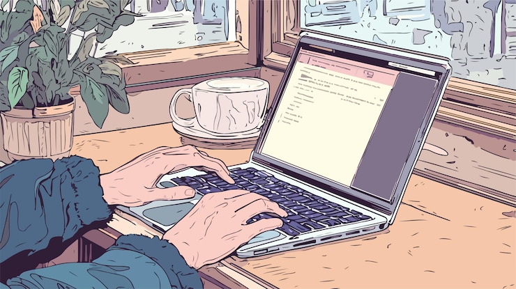 Vector las manos profesionales escribiendo en la computadora portátil en el espacio de trabajo de la cafetería