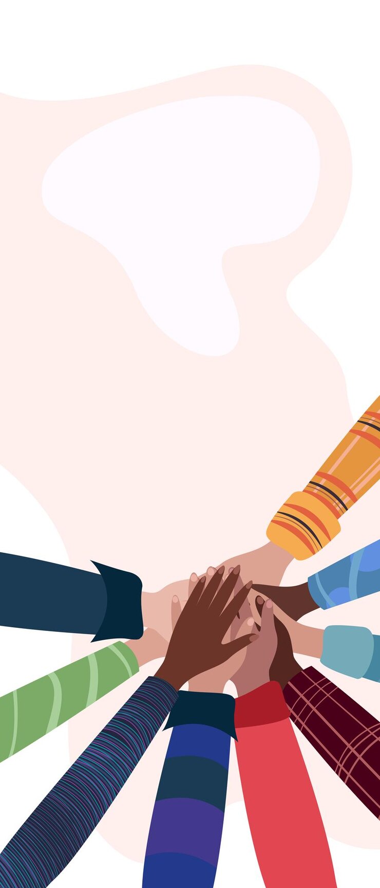 Vector manos puestas unas sobre otras diversas personas unen sus manos para el trabajo en equipo objetivo general en el trabajo lugar para el texto