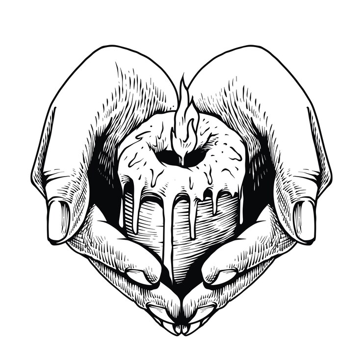 Vector manos que forman un corazón sosteniendo una vela ilustración vectorial antigua con lápiz y tinta de grabado