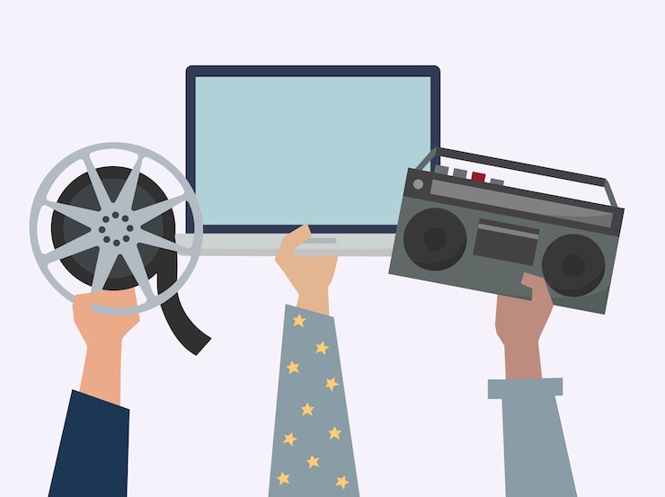 Vector manos que muestran la ilustración de elementos de medios de entretenimiento en línea