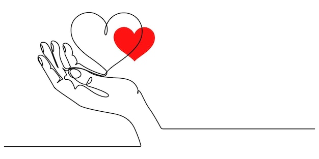 Las manos que sostienen un corazón están delineadas en un dibujo continuo de una línea.
