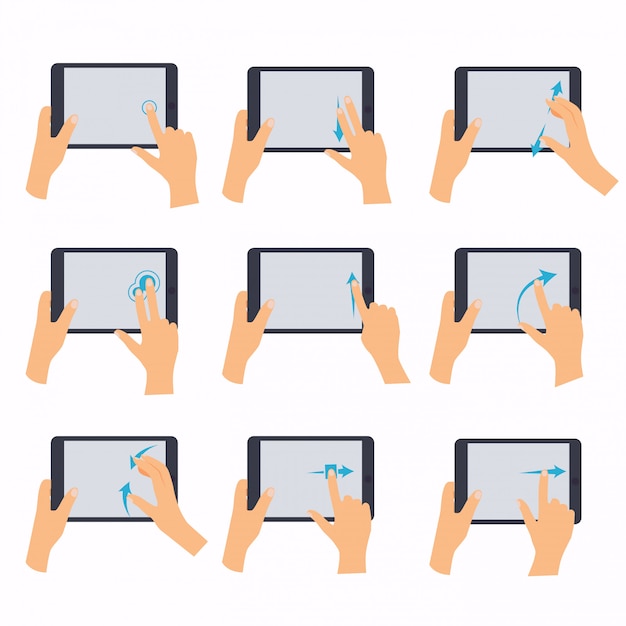 Las manos que sostienen una tableta tocan el artilugio de la computadora. Iconos de mano que muestran gestos multitáctiles de uso común para tabletas con pantalla táctil. Concepto de negocio moderno de diseño plano.