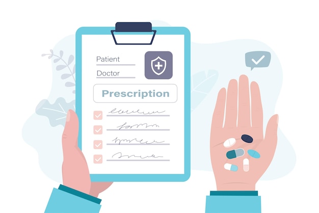 Manos con receta y pastillas Cápsulas para el tratamiento de enfermedades y dolor Concepto de toma de medicamentos