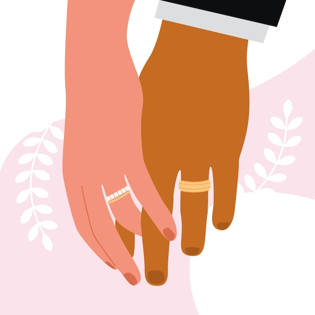 Vector manos de los recién casados en la boda en anillos de boda.