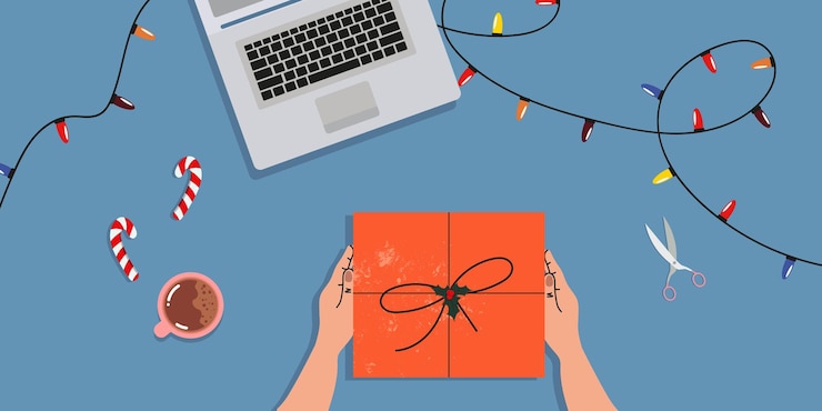 Vector manos y un regalo sobre la mesa vista superior desempacar un regalo
