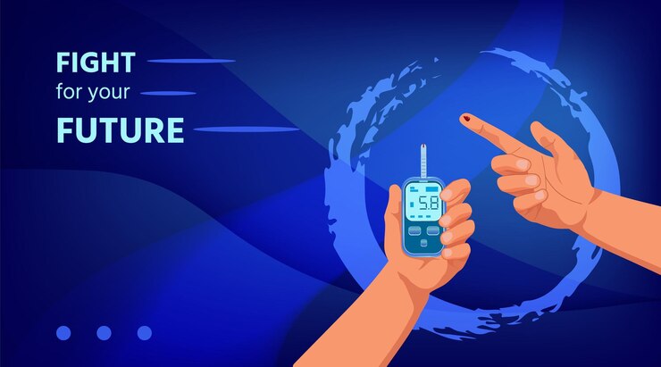Vector manos con resultado de prueba de gota de sangre de glucómetro