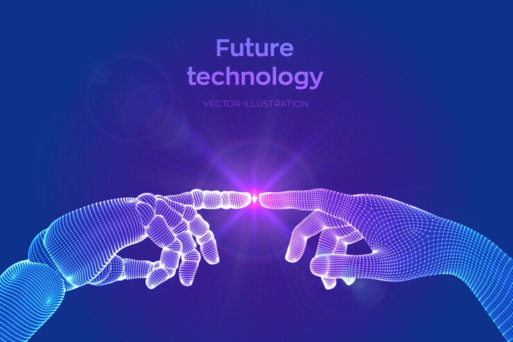 Vector manos de robot y tocar humano. dedo cyborg a punto de tocar el dedo humano. símbolo de conexión entre personas e inteligencia artificial.