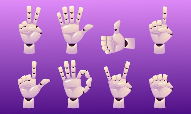 Manos robóticas Tecnología de IA Ciborg Gesto Android Palma robótica Dedo hacia abajo o hacia arriba Inteligencia artificial Prótesis de dibujos animados Puño y dedo índice Vector conjunto de brazos mecánicos