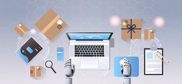 manos robóticas usando laptop concepto de servicio de bot de entrega urgente de compras en línea