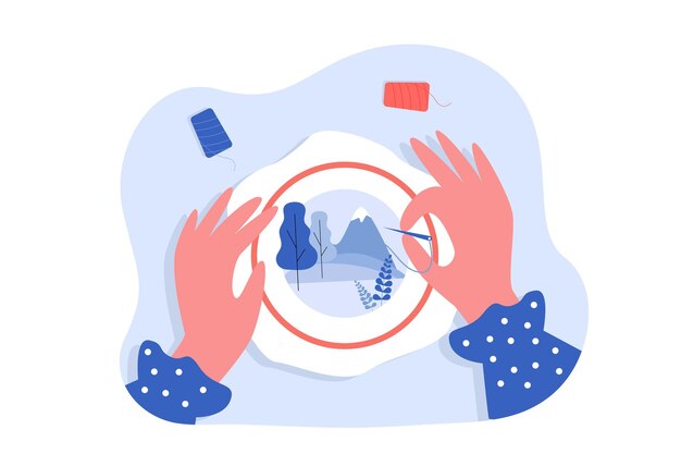 Manos sosteniendo aguja y bordando paisaje. Persona que usa aro de bordado o ilustración de vector plano de marco. Bordado, creatividad, hobby, concepto de costura para banner o página web de inicio