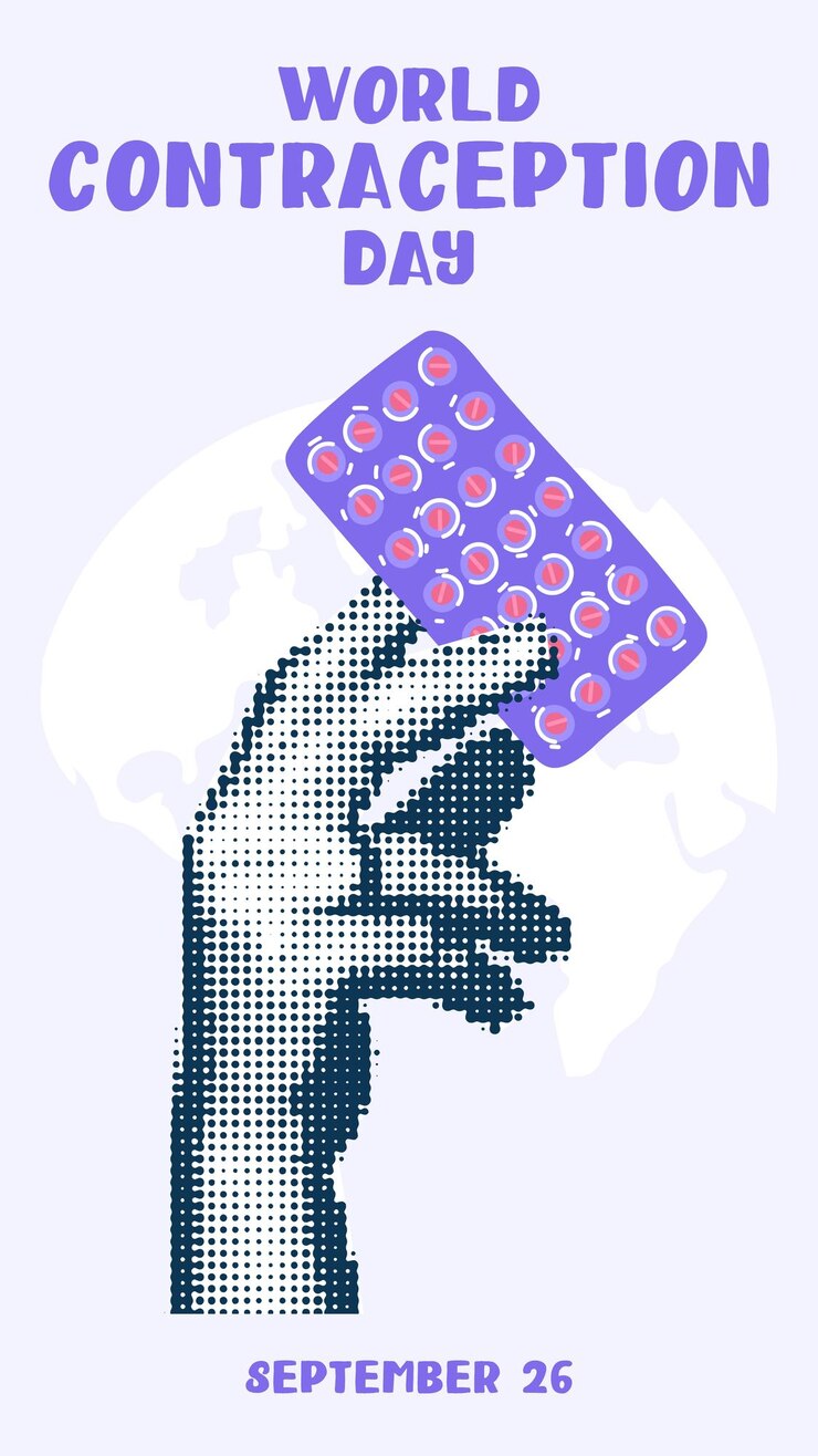 Vector manos sosteniendo anticonceptivos collage en el estilo del pop grunge día mundial de la contracepción 26 de septiembre medio tono