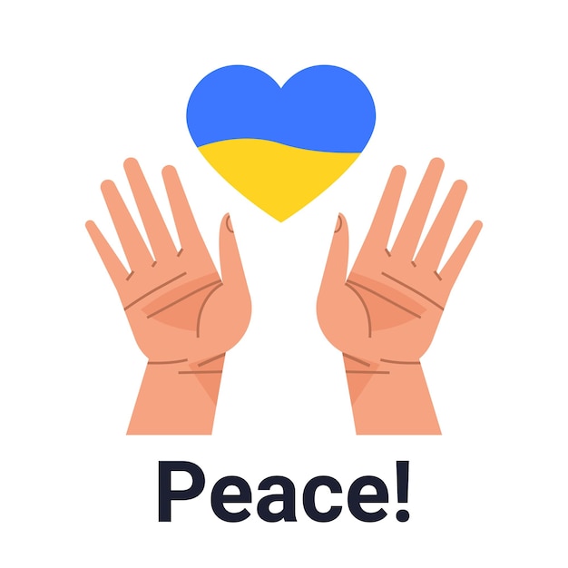 Manos sosteniendo la bandera ucraniana en forma de corazón rezar por la paz de ucrania salvar a ucrania de rusia detener la guerra concepto vector ilustración