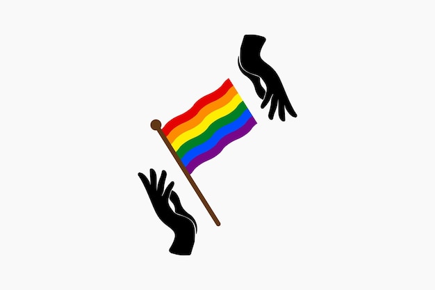 Manos sosteniendo banderas de orgullo LGBT arco iris logo icono vector símbolo de día y mes de orgullo adecuado