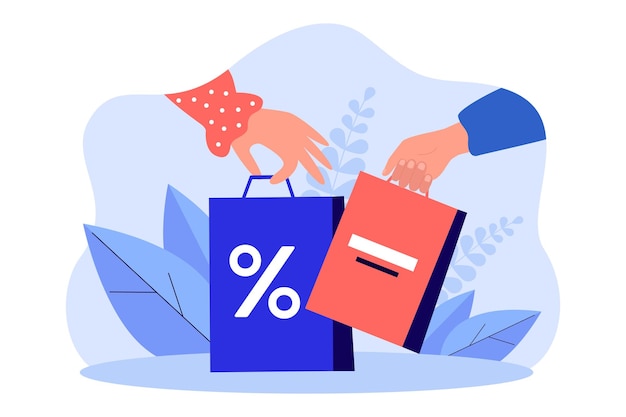 Manos sosteniendo bolsas de compras con símbolo de venta. oferta especial en tienda o tienda, descuento o ilustración vectorial plana de regalo. entrega, concepto de compra en línea para banner, diseño de sitio web o página de inicio