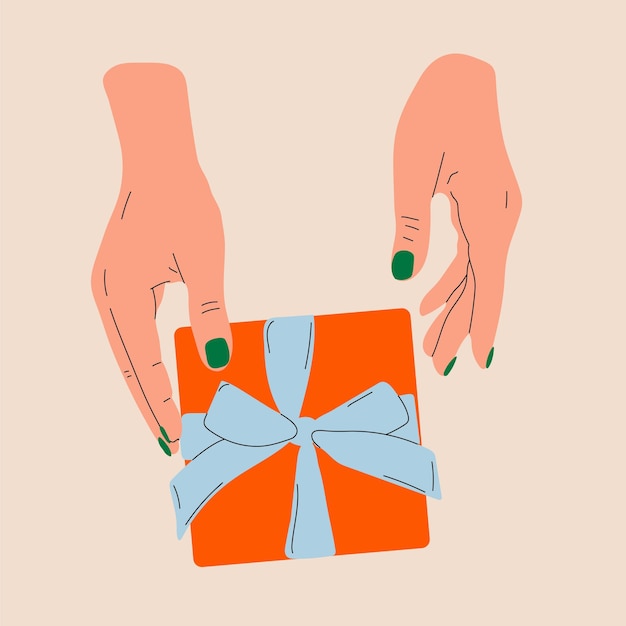 Manos sosteniendo la caja actual decorada con la ilustración del vector de arco. Las promociones y bonificaciones se mantienen personalizadas.