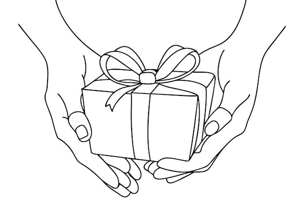 Manos sosteniendo caja de regalos con dibujo de contorno de cinta