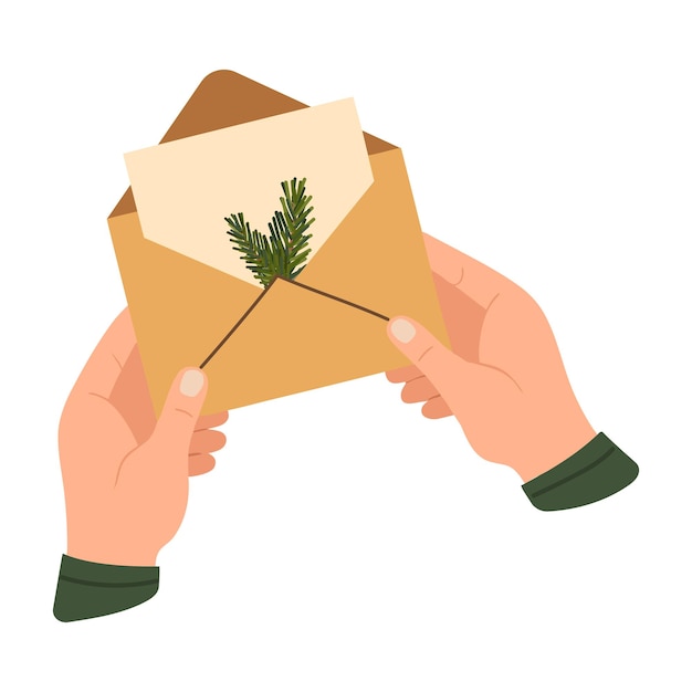 Manos sosteniendo una carta sobre con saludo postal de Navidad ilustrado por vector dibujado a mano