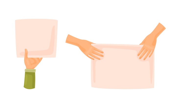 Vector manos sosteniendo carteles en blanco y un cartel de mensaje vacío ilustración vectorial de dibujos animados
