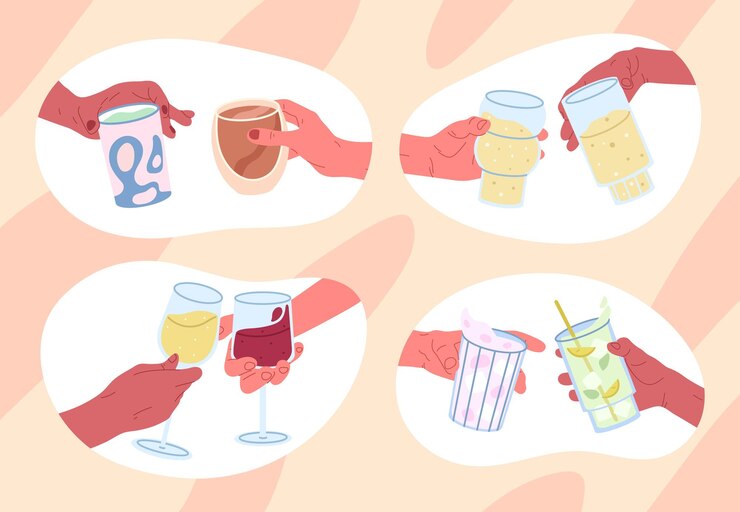 Vector manos sosteniendo cerveza vino y copa de cóctel tostadas concepto vector símbolos ilustraciones