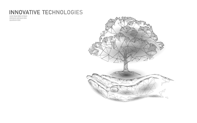 Manos sosteniendo el concepto abstracto ecológico del árbol de la planta. rinde la plantación de hojas de plántulas del suelo. Salvar el medio ambiente de la naturaleza del planeta crezca la vida. Triángulos de polígono ecológico