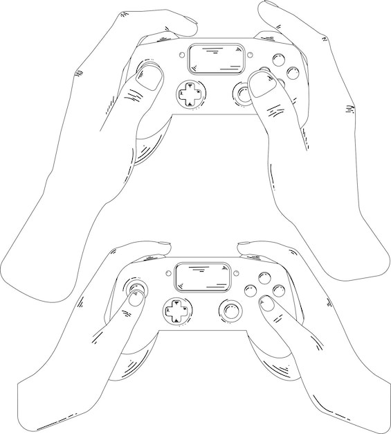 Manos sosteniendo el controlador de la consola Jugar videojuegos Contorno negro y blanco