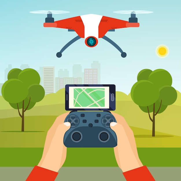 Manos sosteniendo el controlador de drones Flying drone quadcopter en el parque Vector ilustración plana
