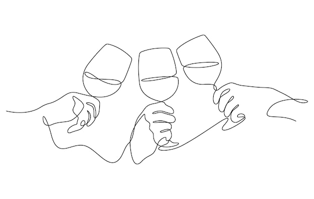 Vector manos sosteniendo copas de vino o champán brindis de celebración tintineando en una línea dibujando minimalismo