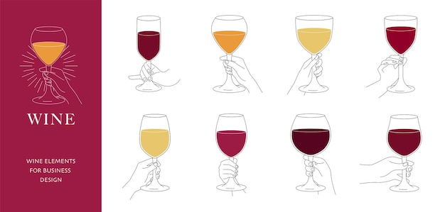Manos sosteniendo copas de vino en varias poses contorno establecido con vino de colores