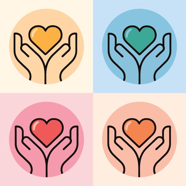 Manos sosteniendo un corazón Corazón en la mano Conjunto de iconos Manos manteniendo símbolos de corazón en estilos planos y de línea