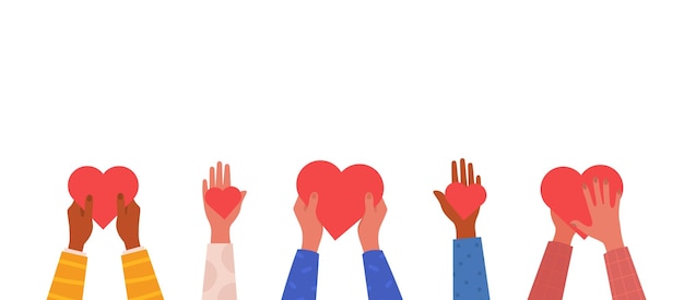 Manos sosteniendo corazones Caridad voluntariado ayuda apoyo donación Vector