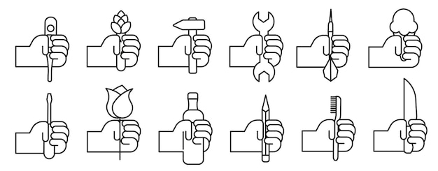 Manos sosteniendo cosas en una línea delgada Varios objetos en manos humanas Mano con objetos conjunto vectorial