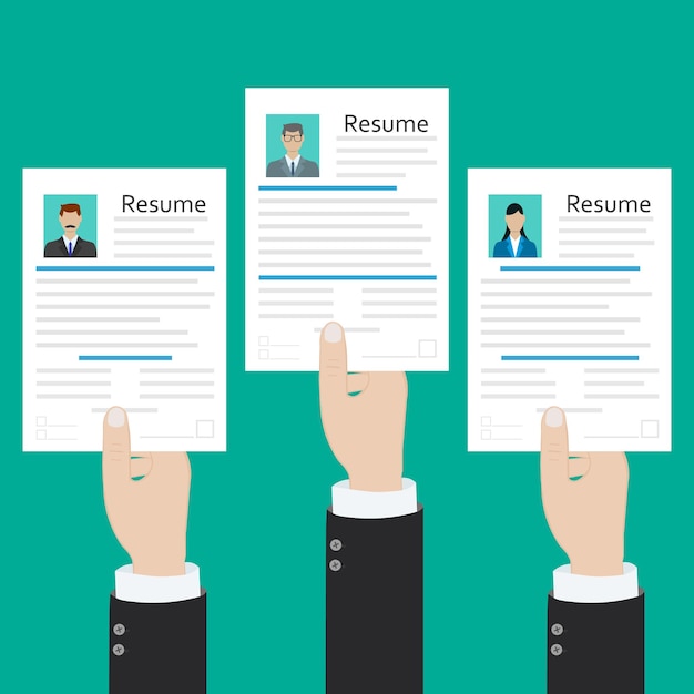 Manos sosteniendo cv documentos de currículum Concepto de gestión de recursos humanos buscando trabajo de personal profesional Encontrado currículum correcto Ilustración vectorial en estilo plano