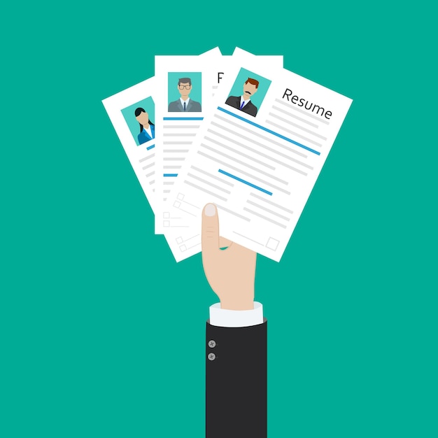 Manos sosteniendo cv documentos de currículum Concepto de gestión de recursos humanos buscando trabajo de personal profesional Encontrado currículum correcto Ilustración vectorial en estilo plano