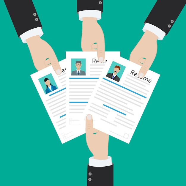 Manos sosteniendo cv documentos de currículum Concepto de gestión de recursos humanos buscando trabajo de personal profesional Encontrado currículum correcto Ilustración vectorial en estilo plano