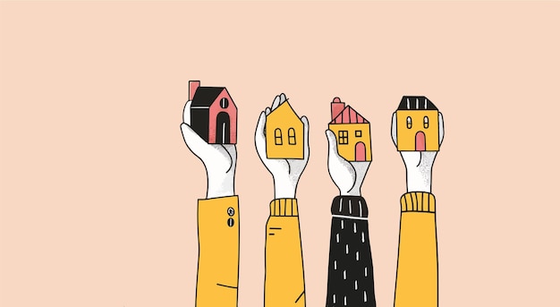 Vector manos sosteniendo diferentes casas pequeñas bienes raíces ilustración de estilo dibujado a mano