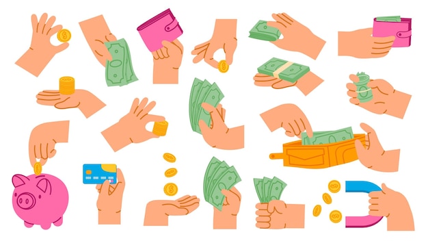 Manos sosteniendo dinero Pago en efectivo contar monedas y pagar con tarjeta bancaria Brazo con imán de dinero de billetera y conjunto de vectores de dibujos animados de alcancía