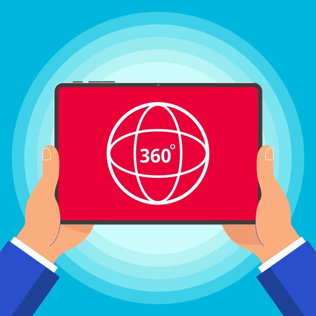 Manos sosteniendo dispositivo de tableta con ángulo de 360 grados icono señal de diseño plano estilo ilustración vectorial