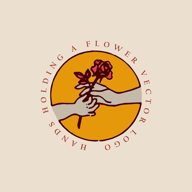 Manos sosteniendo una flor retro logo antiguo vintage ilustración cartel plantilla diseño elementos vectoriales