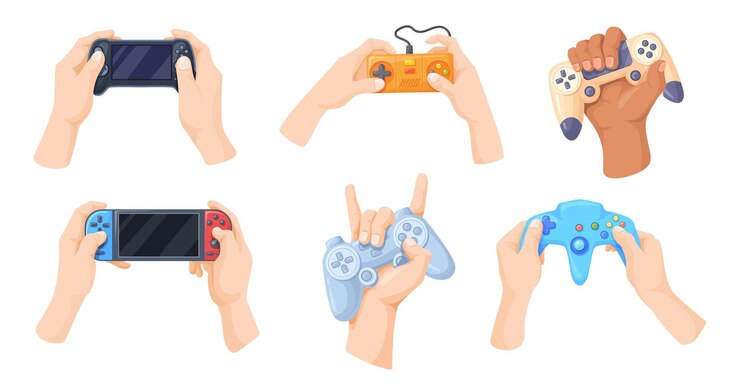 Vector manos sosteniendo gamepad jugador sosteniendo con la mano gamepads controlador joystick de juego para control de consola de juego videojuego cibersport