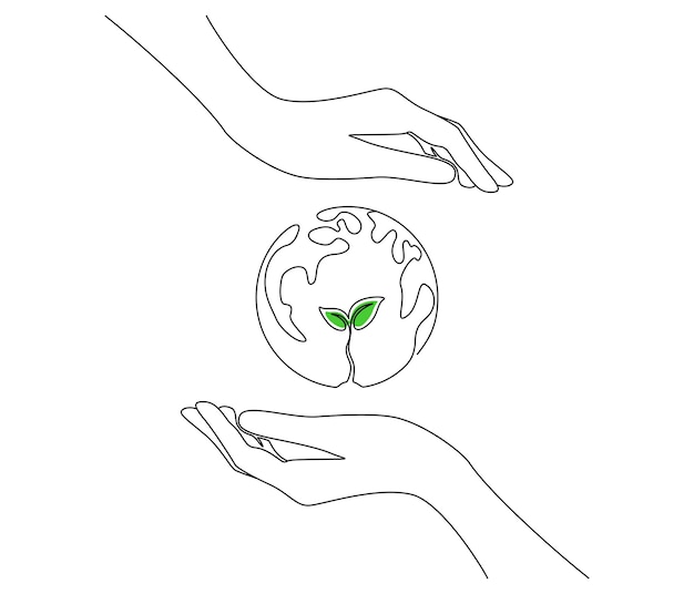 Manos sosteniendo el globo terrestre con la planta en una línea continua dibujando el cartel del Día Mundial del Medio Ambiente