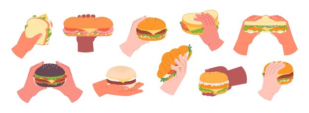 Manos sosteniendo hamburguesas y sándwiches sabrosos comedores de comida rápida aislados mano con hamburgueses para llevar sándwich fresco con diferentes ingredientes conjunto vectorial picante