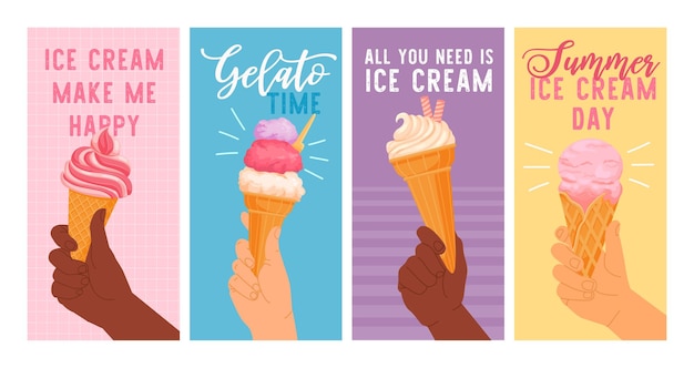 Manos sosteniendo helado Cartoon con diferentes manos sosteniendo cono de oblea Tarjeta con brazos con colorido gelato y postre congelado Poster de estado de ánimo de verano Conjunto vectorial