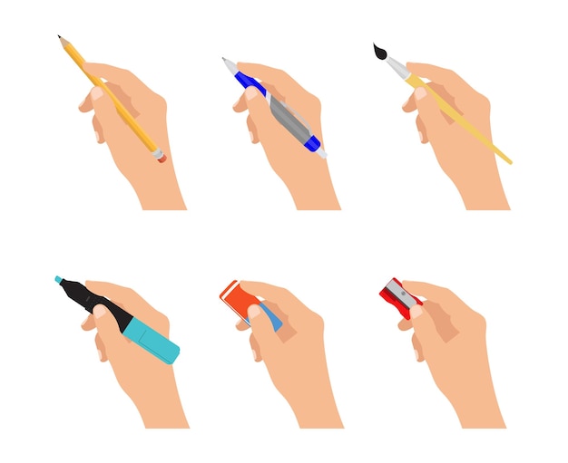 Manos sosteniendo herramientas de papelería aisladas sobre fondo blanco Suministros de oficina y material escolar Sacapuntas de borrador de lápiz y otras herramientas de escritura a mano Vector