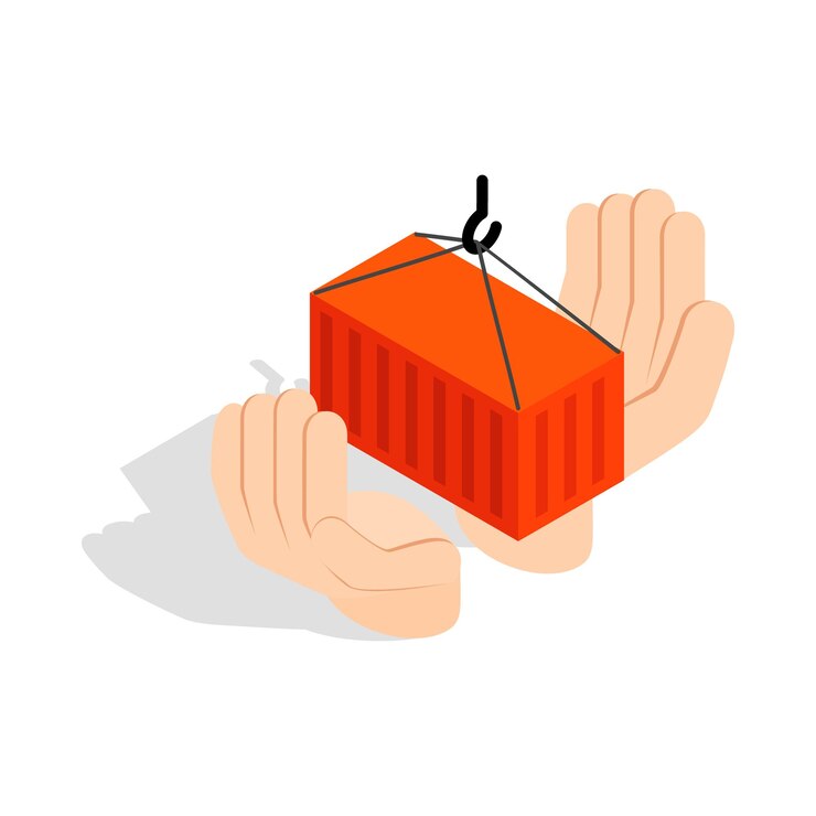 Vector manos sosteniendo icono de contenedor en estilo isométrico 3d aislado sobre fondo blanco símbolo de carga
