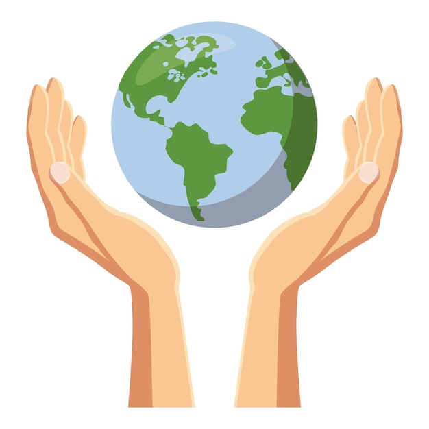Manos sosteniendo el icono del globo terráqueo. Ilustración de dibujos animados de manos sosteniendo el icono de vector de globo terrestre para web