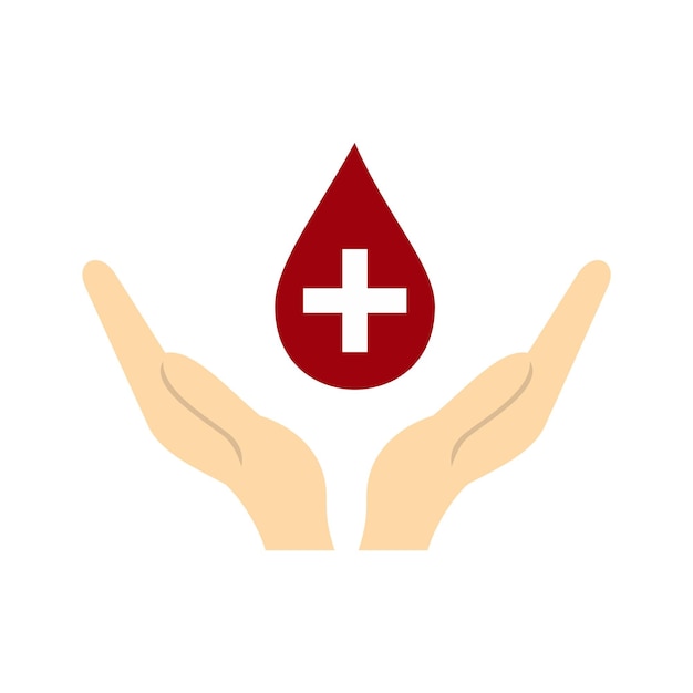 Manos sosteniendo icono de gota de sangre en estilo plano aislado en ilustración vectorial de fondo blanco